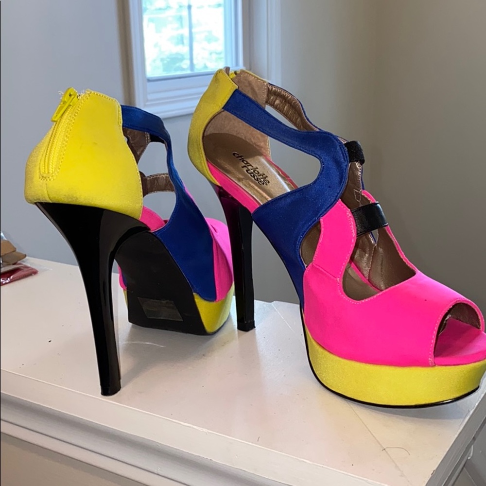 Neon peep toe pumps